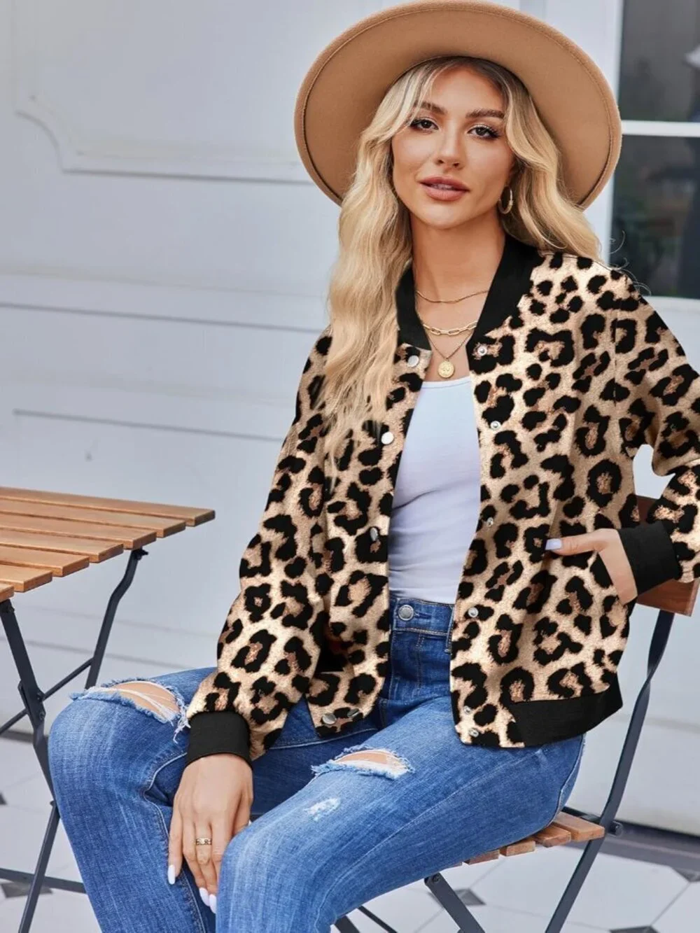 Women's Varsity Casual Button Down Spring Short Outfits with Pockets Leopard
